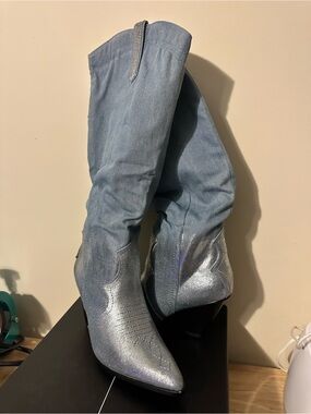 Cape Robbin Silver and Light Blue Denim Knee-High Heeled Boots
